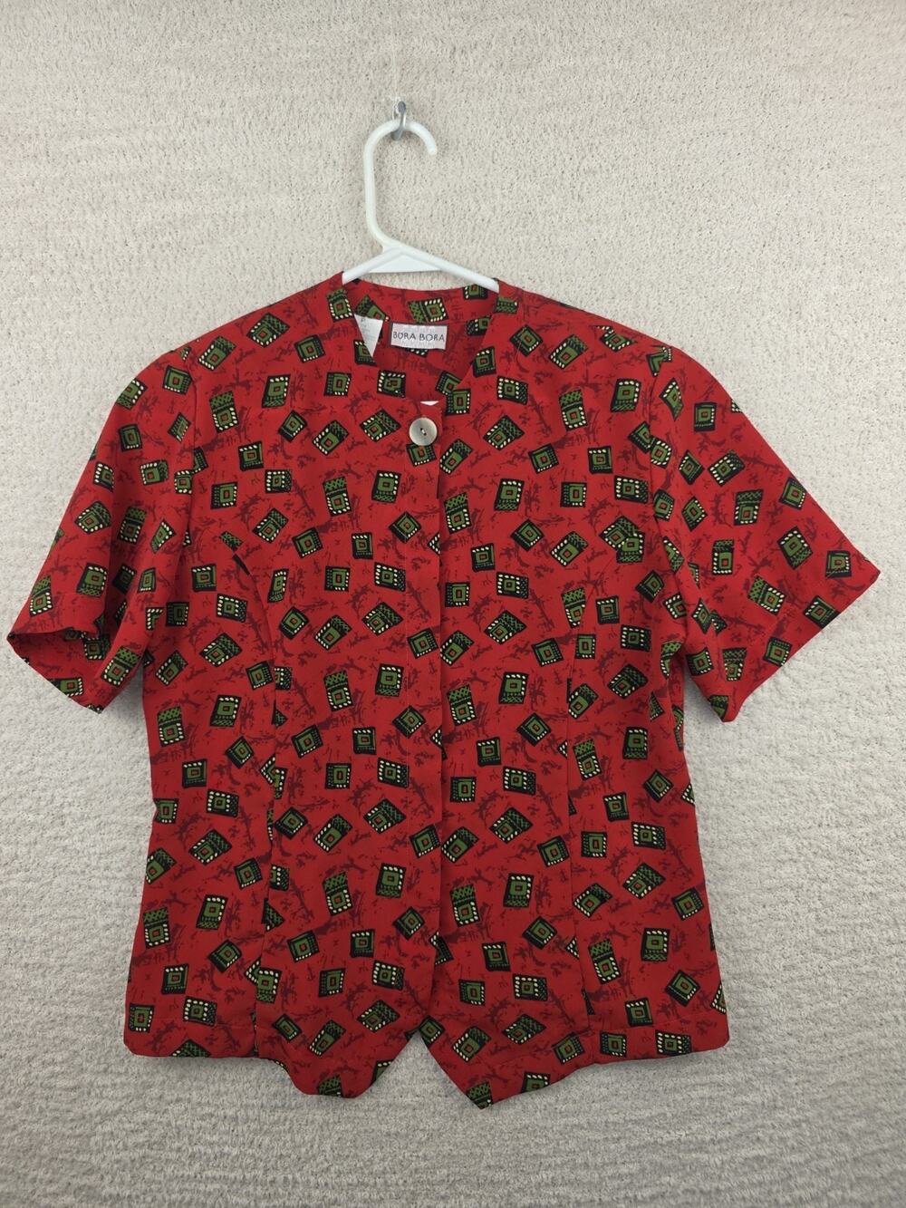Bora Bora Vintage Womens Short Sleeve Button-Down Blouse Red Geometric Print P